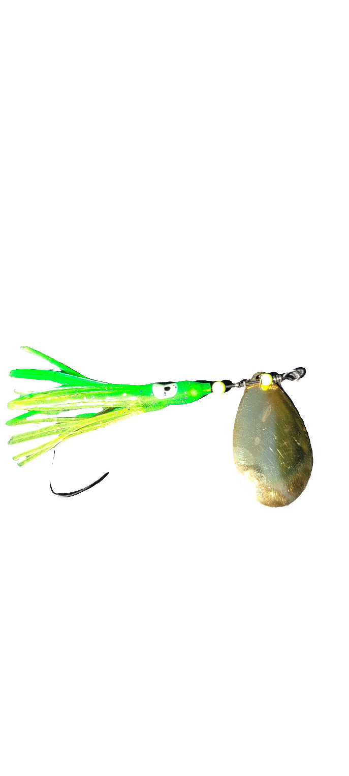 Brass 2.5" Hoochie Spinner #6 Indiana Glow Eye Green/Chartreuse Featherweight 4g