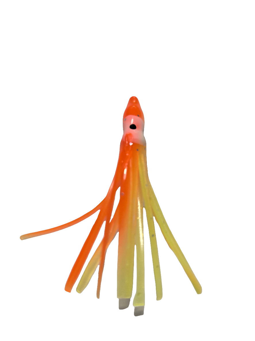 Flame Orange/Yellow Chartreuse Glow Eye Hoochie 2"
5 Pack
