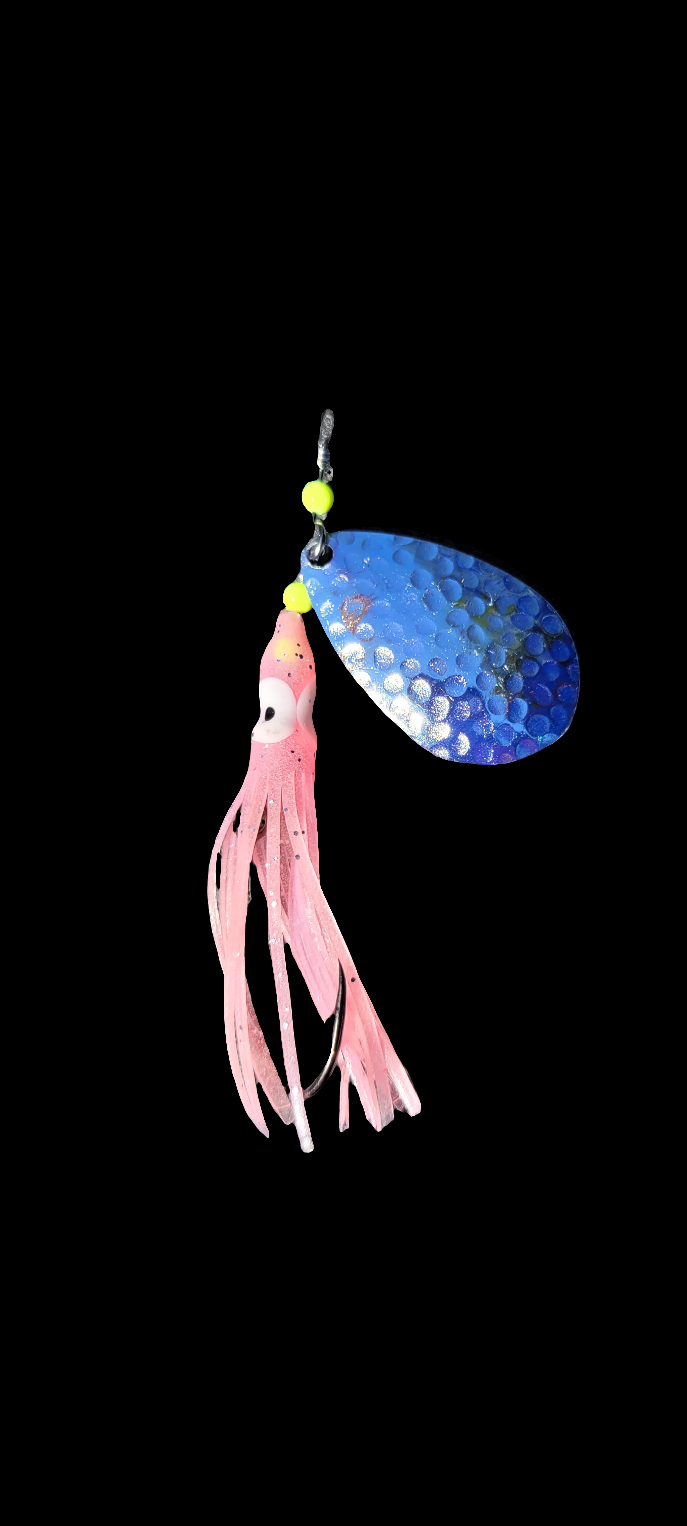 Shrimp UV Glow 2.5"Hoochie Spinner Indiana #6 Silver Plated Featherweight 4g