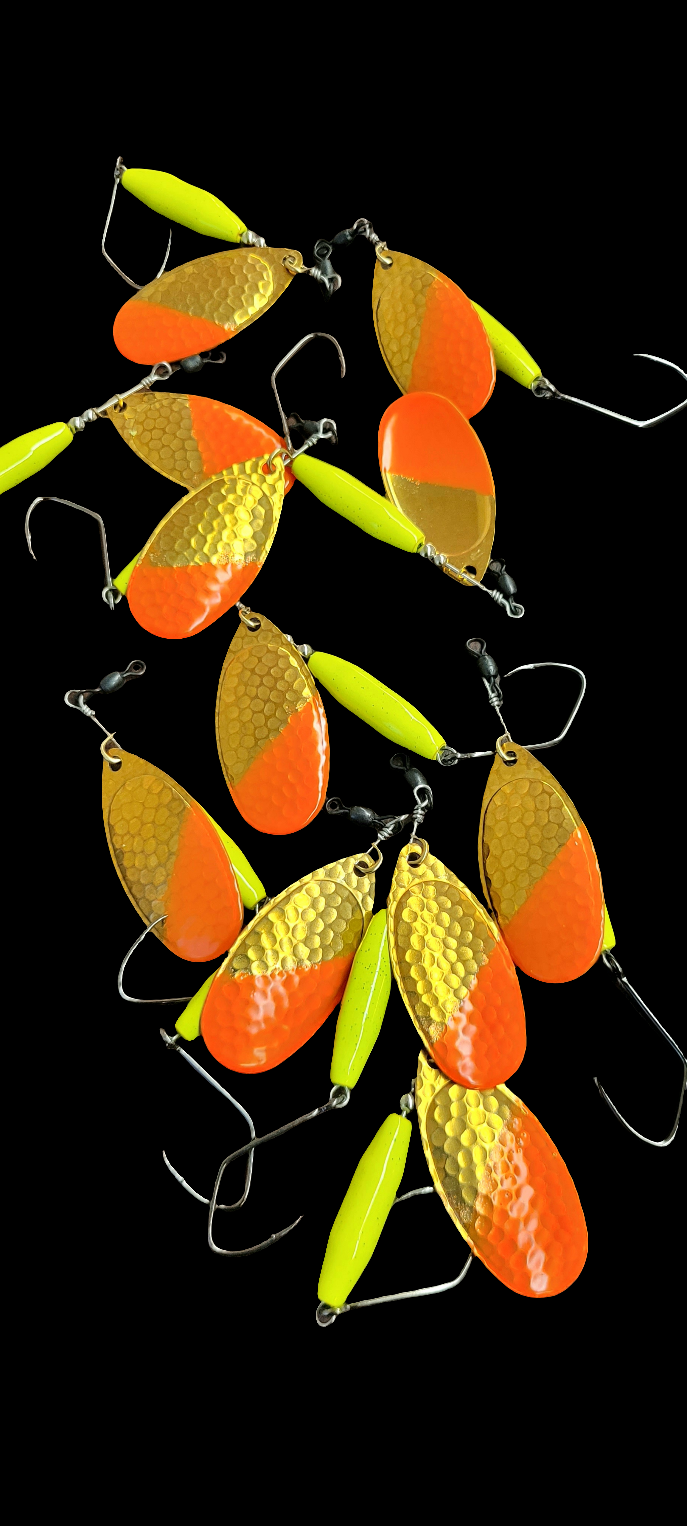 #6 Hammered Brass Heavy 18g 0.6oz Chartreuse Orange Tipped Stinger