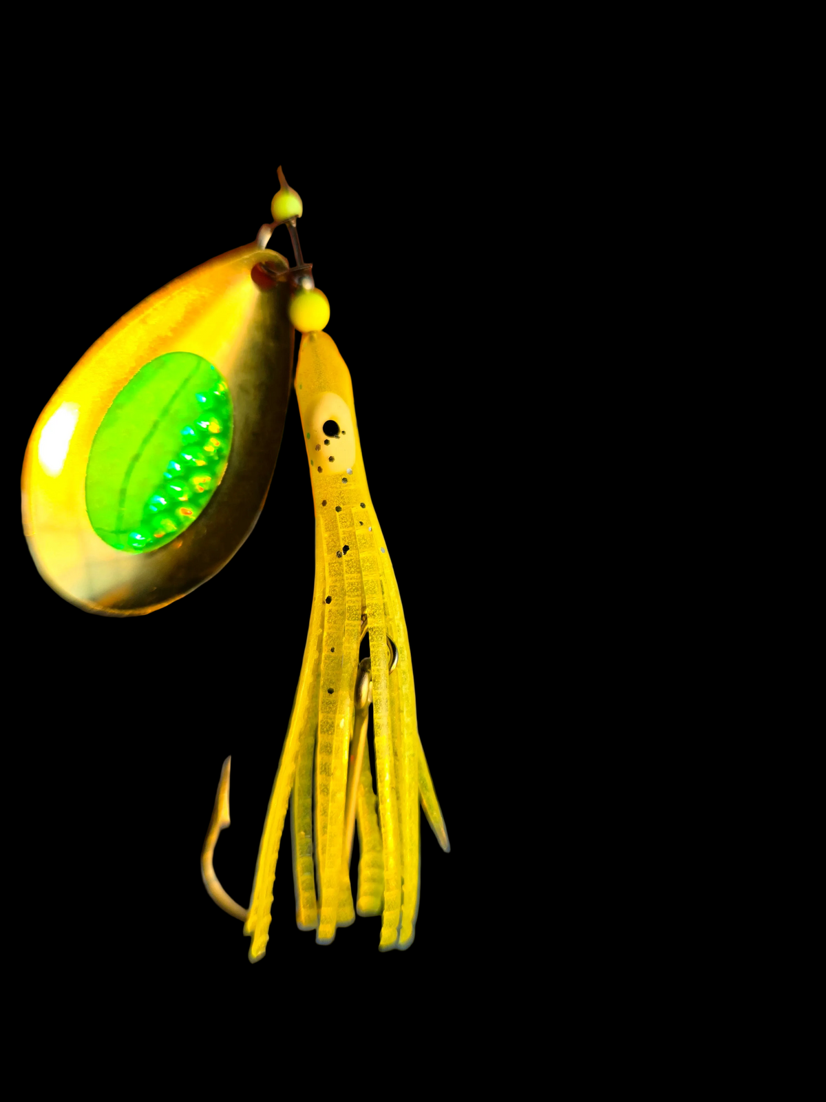 Brass 2" Hoochie Spinner #6 Indiana Glow Eye Yellow Chartreuse Featherweight 4g