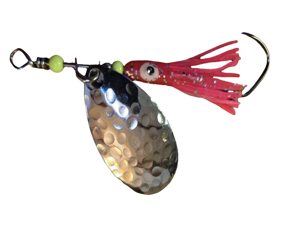Minni Hoochie Silver Plated Indianna #5 Pink Salmon/Coho Spinner