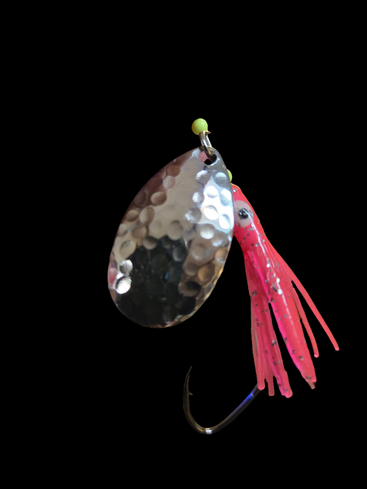 Minni Hoochie Silver Plated Indianna #5 Pink Salmon/Coho Spinner