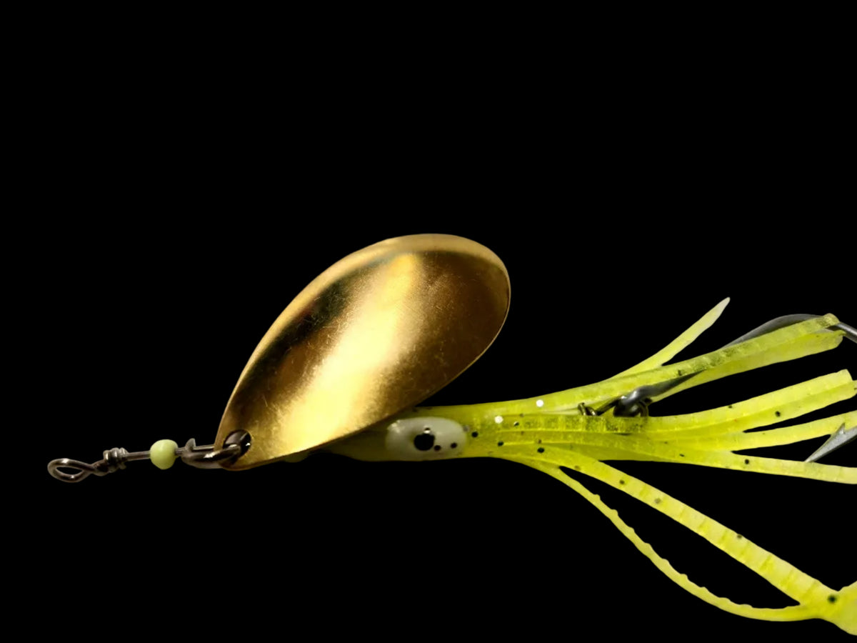 Brass 2" Hoochie Spinner #6 Indiana Glow Eye Yellow Chartreuse Featherweight 4g