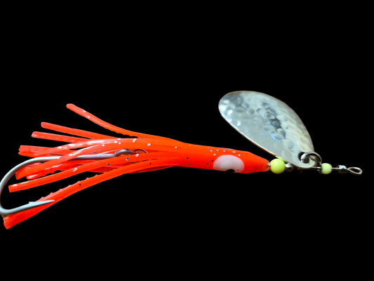 Flame Red Hoochie Spinner Silver Plated #6 Indiana Featherweight